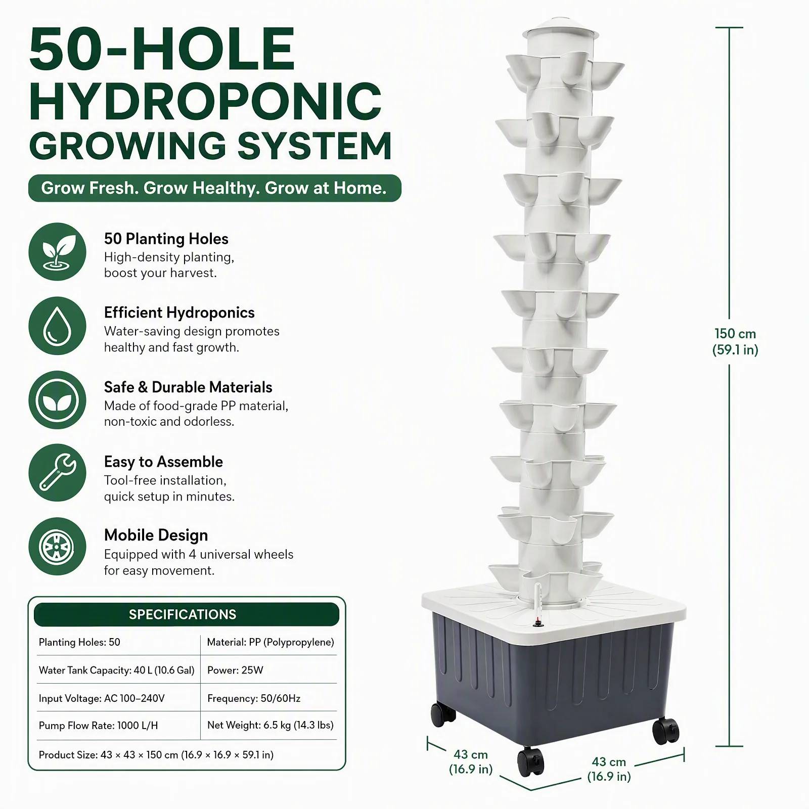 50-Cell Hydroponic Planting Box, Grey Water Tank, White Upright Columns Hydroponic Growing Kit, 50-Plant Vertical Vegetable Plant Tower Stylish Design for Grow Strawberries, Lettuce, Chilies, Flowers, Vegetables, Fruits
