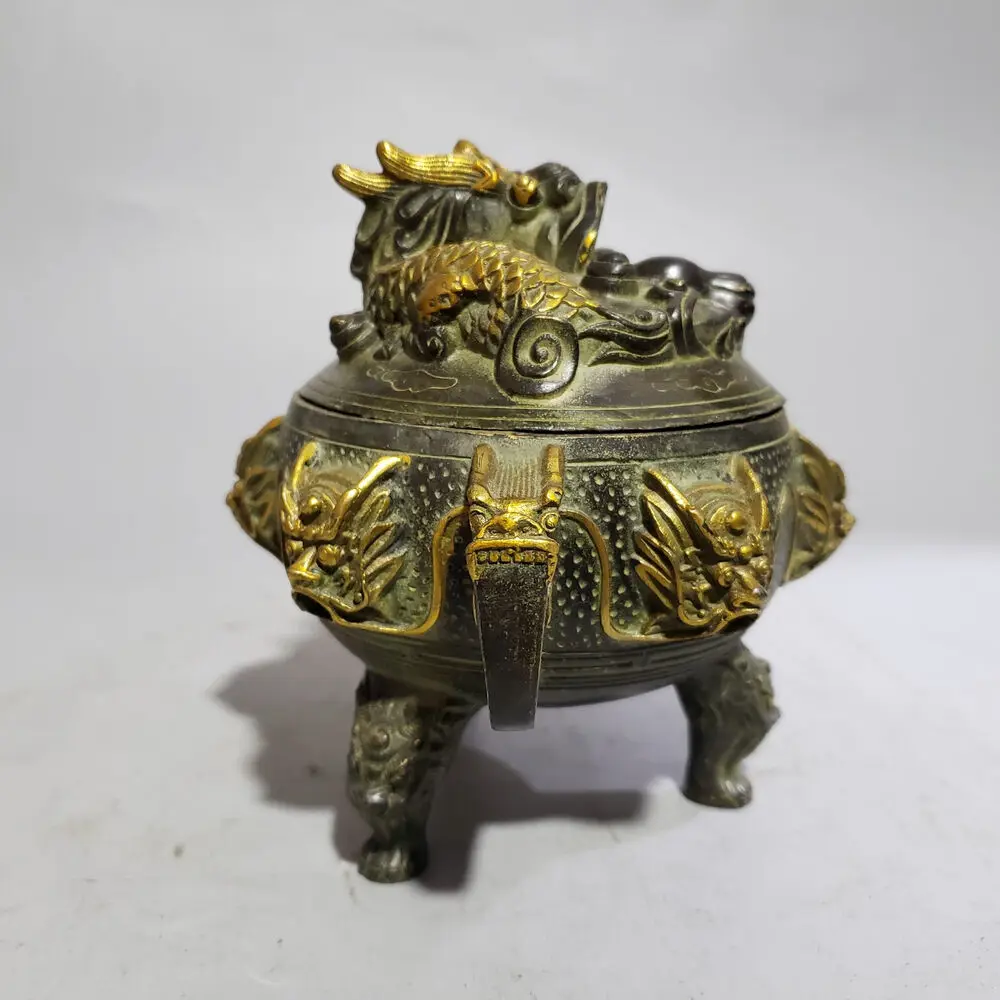 Collectible Chinese Old Hand-Made bronze Copper gilt Kowloon incense burner