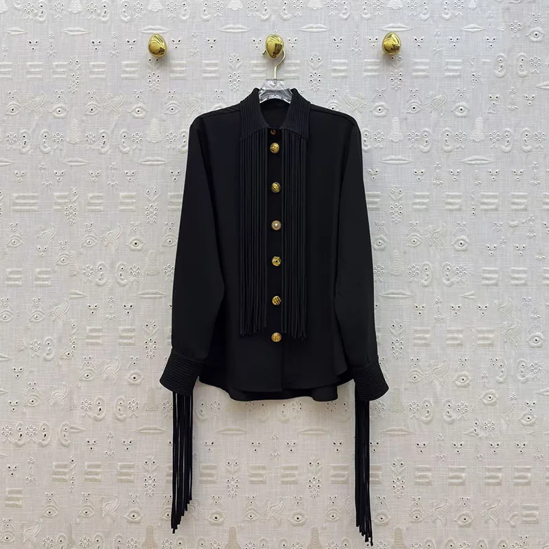 

Women's Fringe Black Shirt, Single-Breasted Vintage Collar Pleated Top, Fashionable Casual Shirt, Fall, New Arrival, 2025，y2k