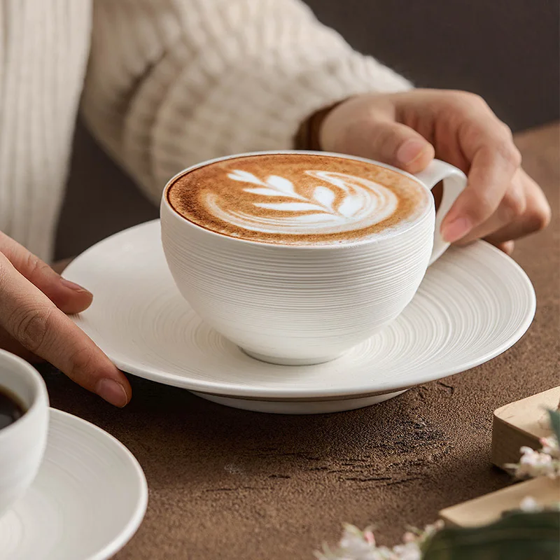 

Handmade Line Pattern Ceramic Coffee Mug Set with Saucer High Appearance Value Latte Art Cup for Home Office Kitchen Gift for