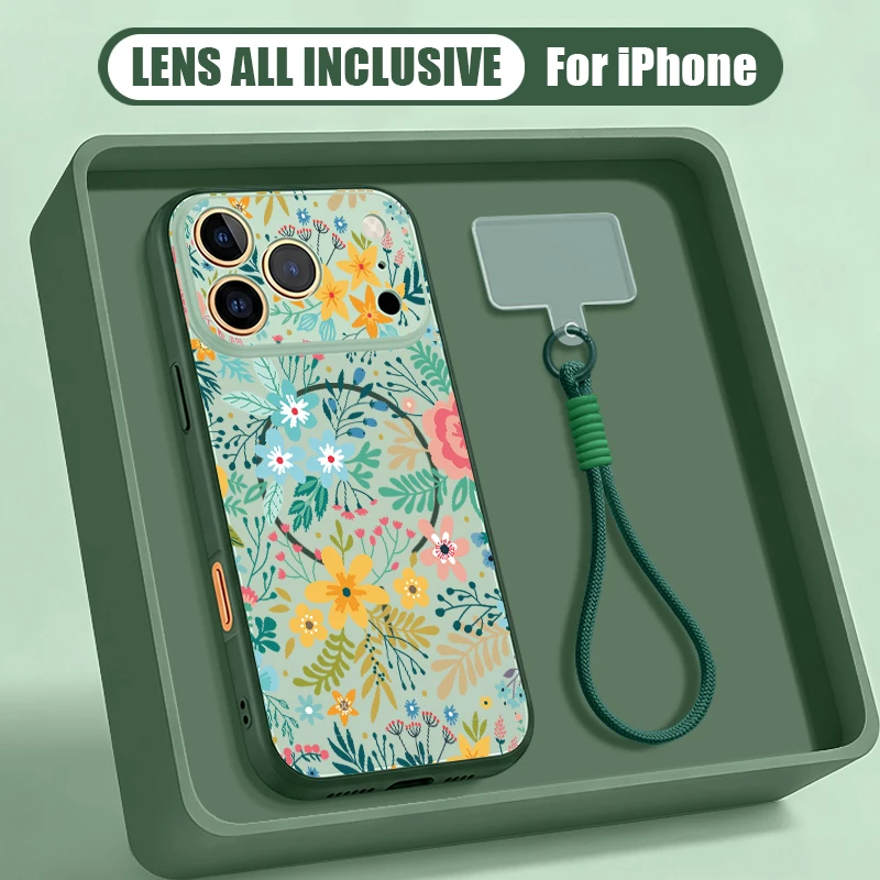 Cartoon-Blumenmuster Magnetische Handyhülle mit Lanyard für iPhone 17 ProMax 16 15 14 13 Pro Max für MagSafe Kabelloses Laden Hartschale