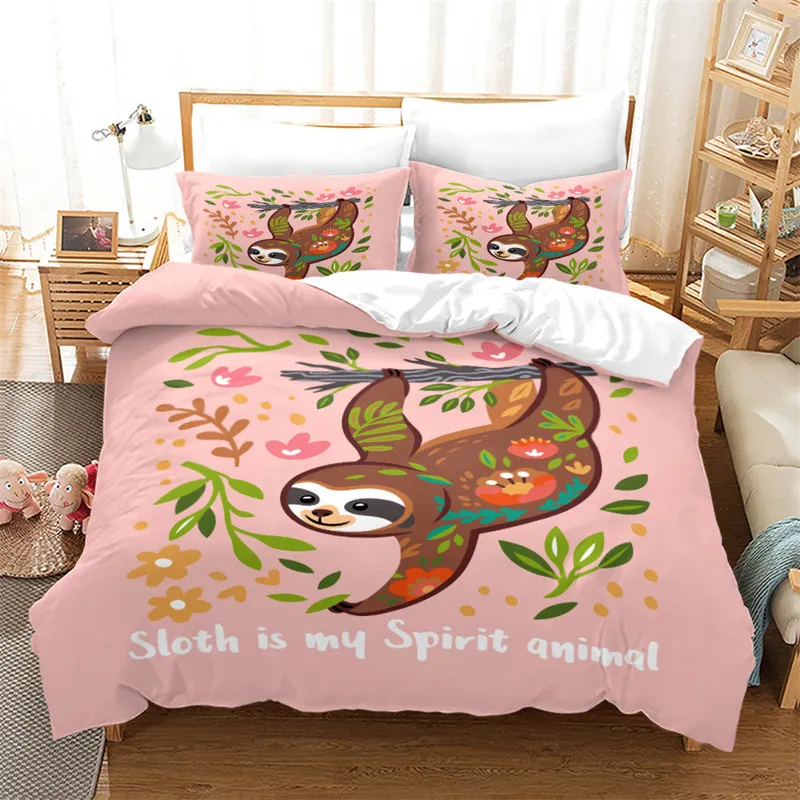 

Cute Cartoon Sloth Duvet Cover Floral Leaves Print Bedding Set For Kids Teens Bedroom Decor Flowers Comforter Cover Pillowcases