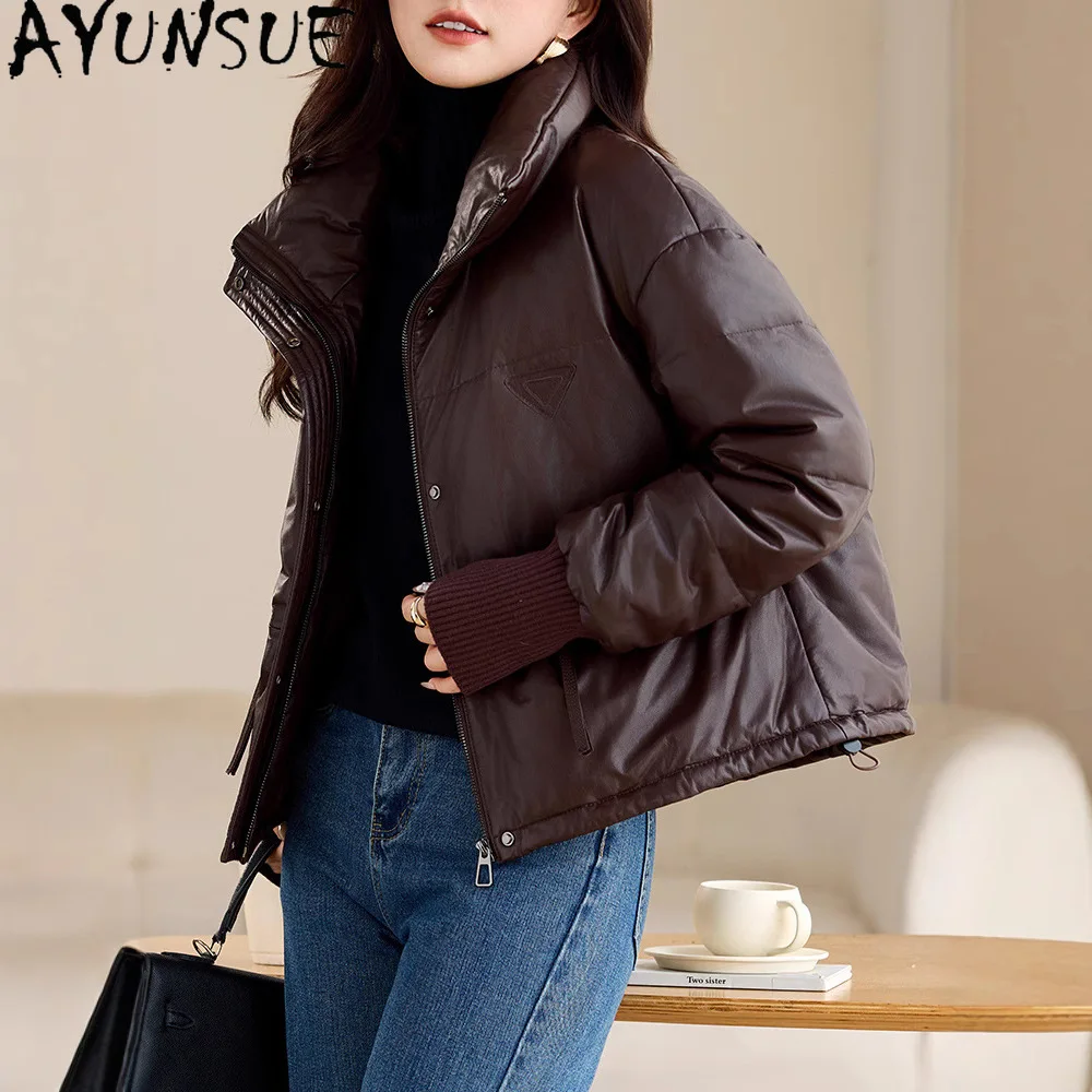 AYUNSUE Real Sheepskin Genuine Leather Jacket Women 2025 Winter Clothes Short Style White Goose Down Womens Coat Loose Fit