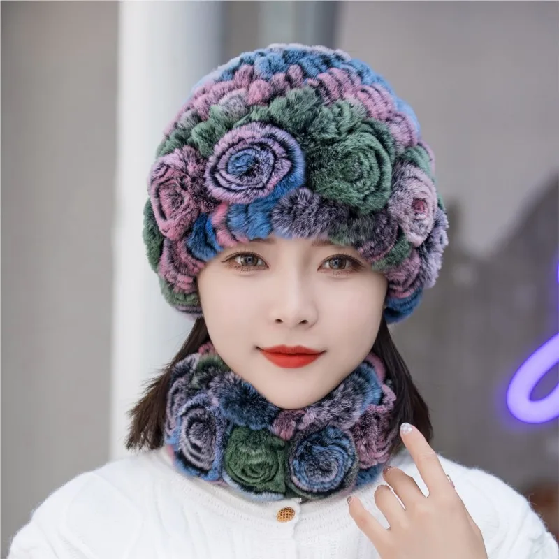 Women's autumn and winter warm hats all-in-one fur ear-protecting knitted scarf sets