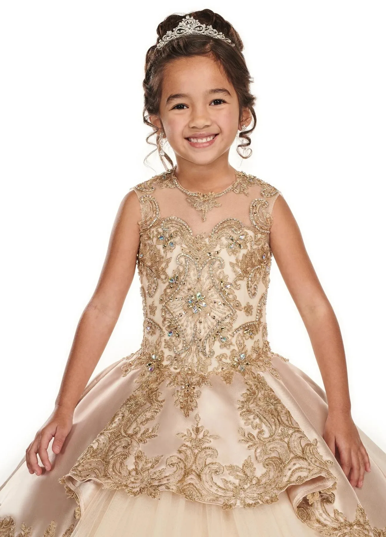 Mini Champagne Quinceanera Vestidos, vestido de baile, Apliques frisados flor, Menina vestidos para casamentos, Pageant mexicano vestidos para bebê