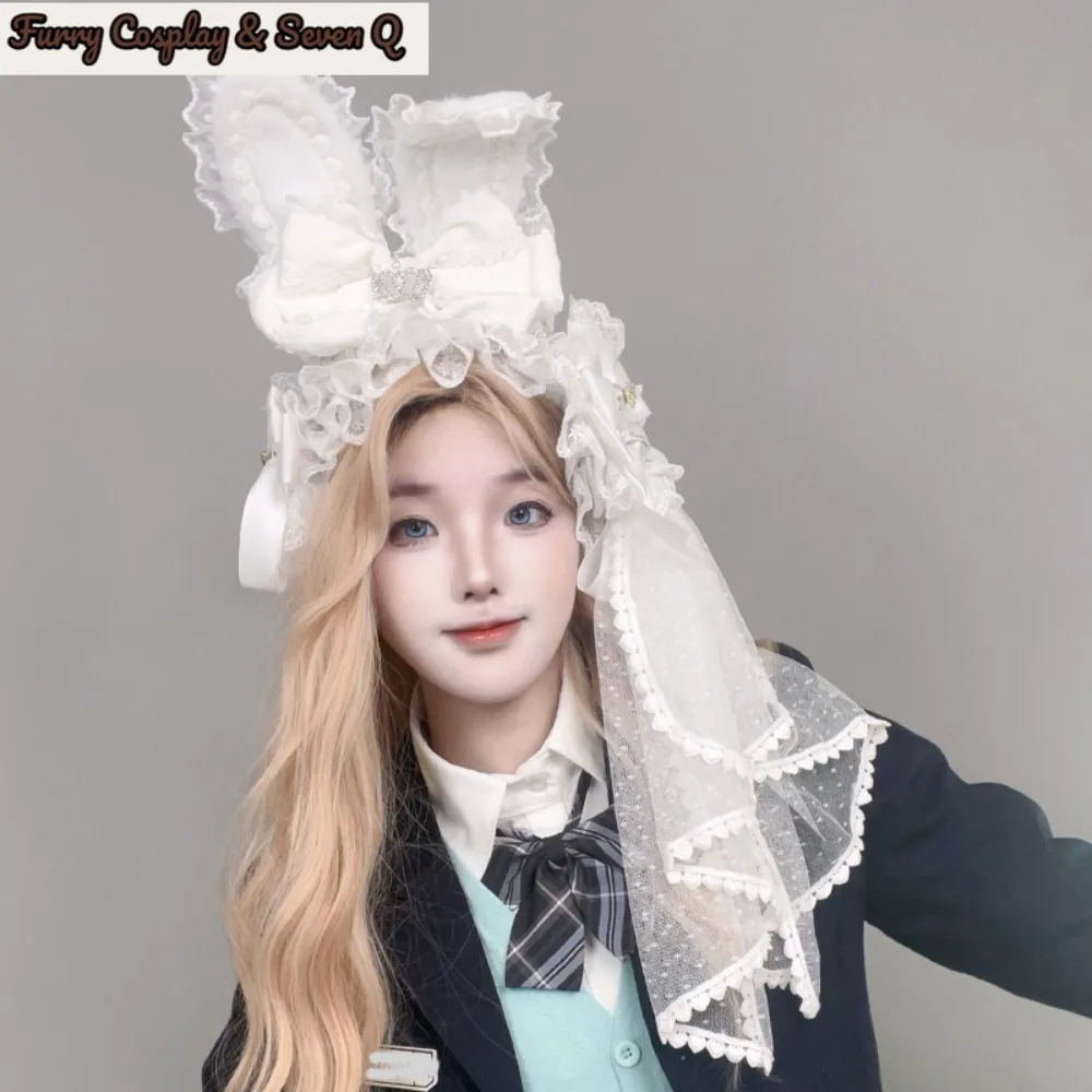 Sweet Lolita Lace Ribbon Bow Headwear Plush Bunny Ears Hairband Cute Girl Party Hair Accessories Women Cosplay Props 4