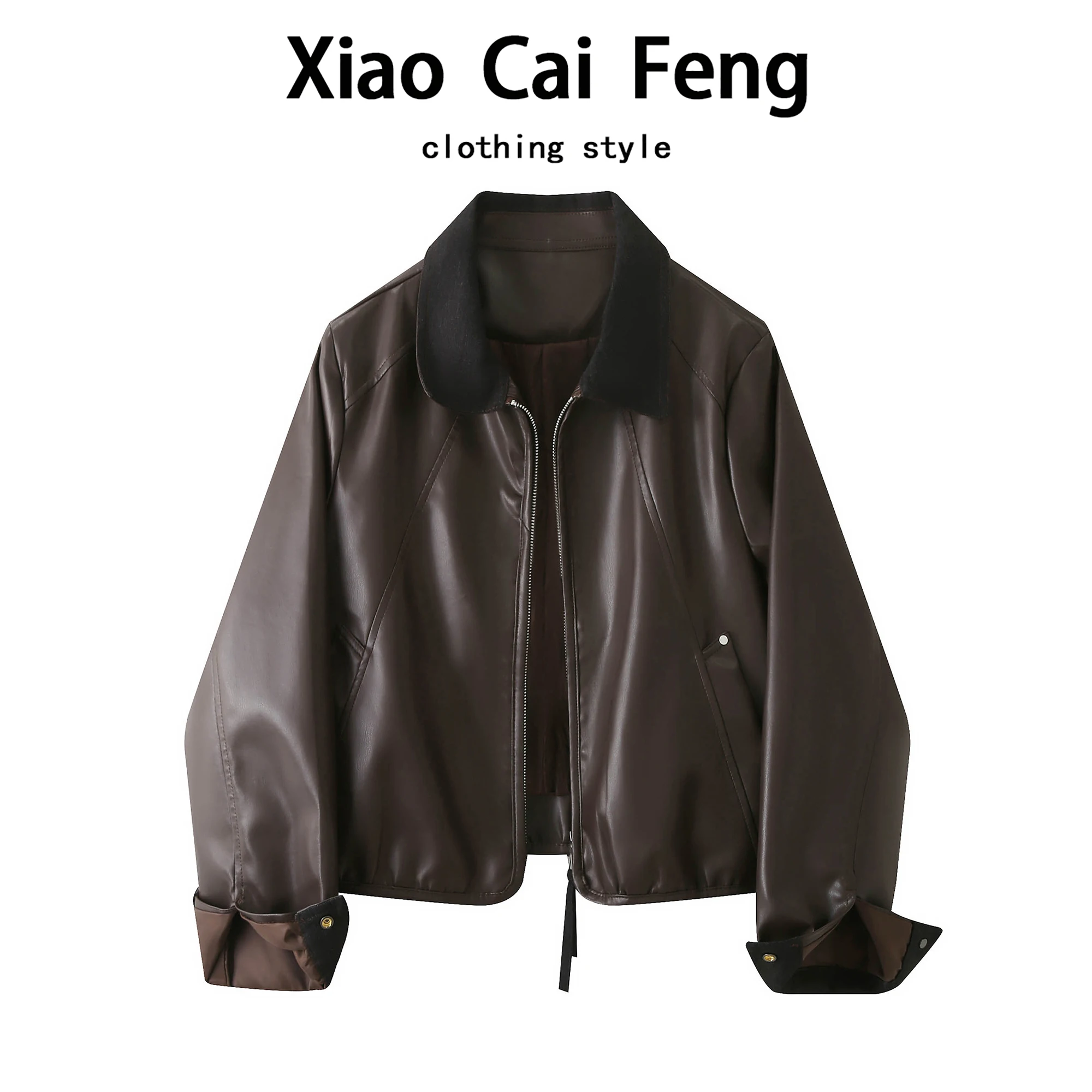 

Cool ort Leather Jaet Women's Spring Autumn Faion Sli Color Blo Collar Flip Casual PU Leather Coat Dreng Poet