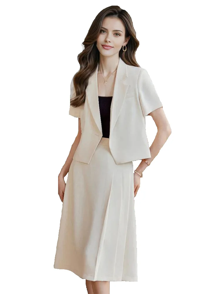 

Women's Chic Fashion Summer Single Button Blazer and Skirt 2 Piece Sets Coat High Waist Midi Pleated Skirts Suit Beige Workwear