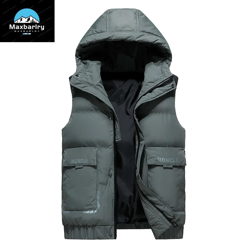 2024 Autumn And Winter New Men's Jacket Shoulder Vest Trend Plush Padded Overalls Men's Fashion Warm Hooded Vest.