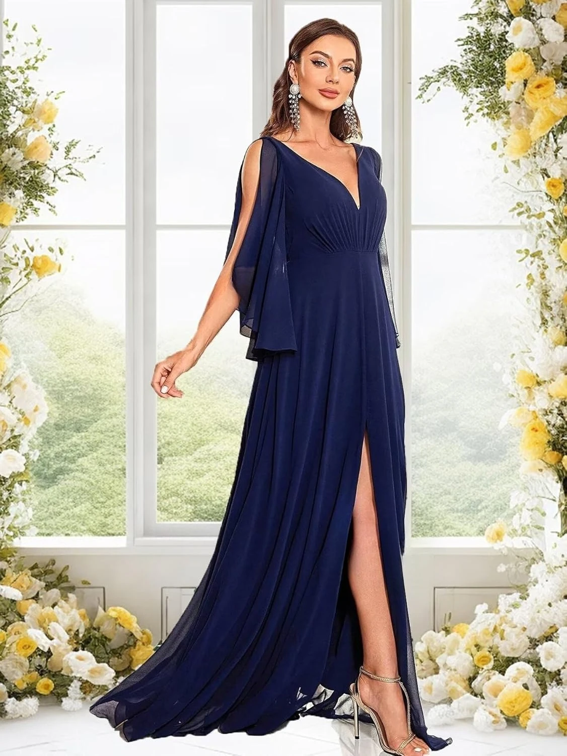 Brautjungfernkleider mit tiefem V-Ausschnitt und Rüschenärmeln, Schlitz, gerüscht, Chiffon, Maxi, formelles Abendkleid, formelles Kleid für Damen, elegant