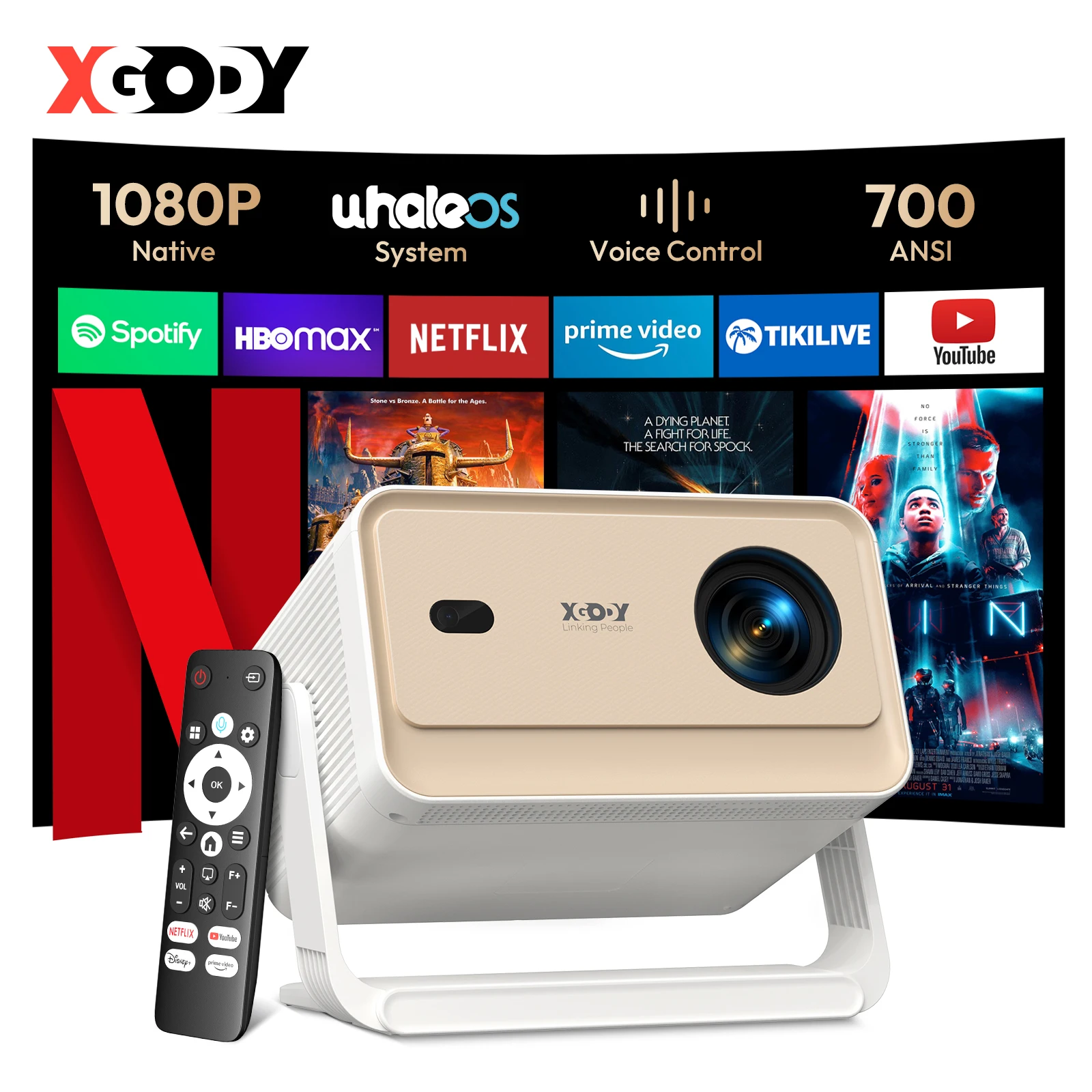 XGODY Proiettore 4K Certificazione Netflix Nativo 1080P 700ANSI Con messa a fuoco automatica Amlogic T950D4 Wifi6 BT5.2 Proiettore domestico per esterni