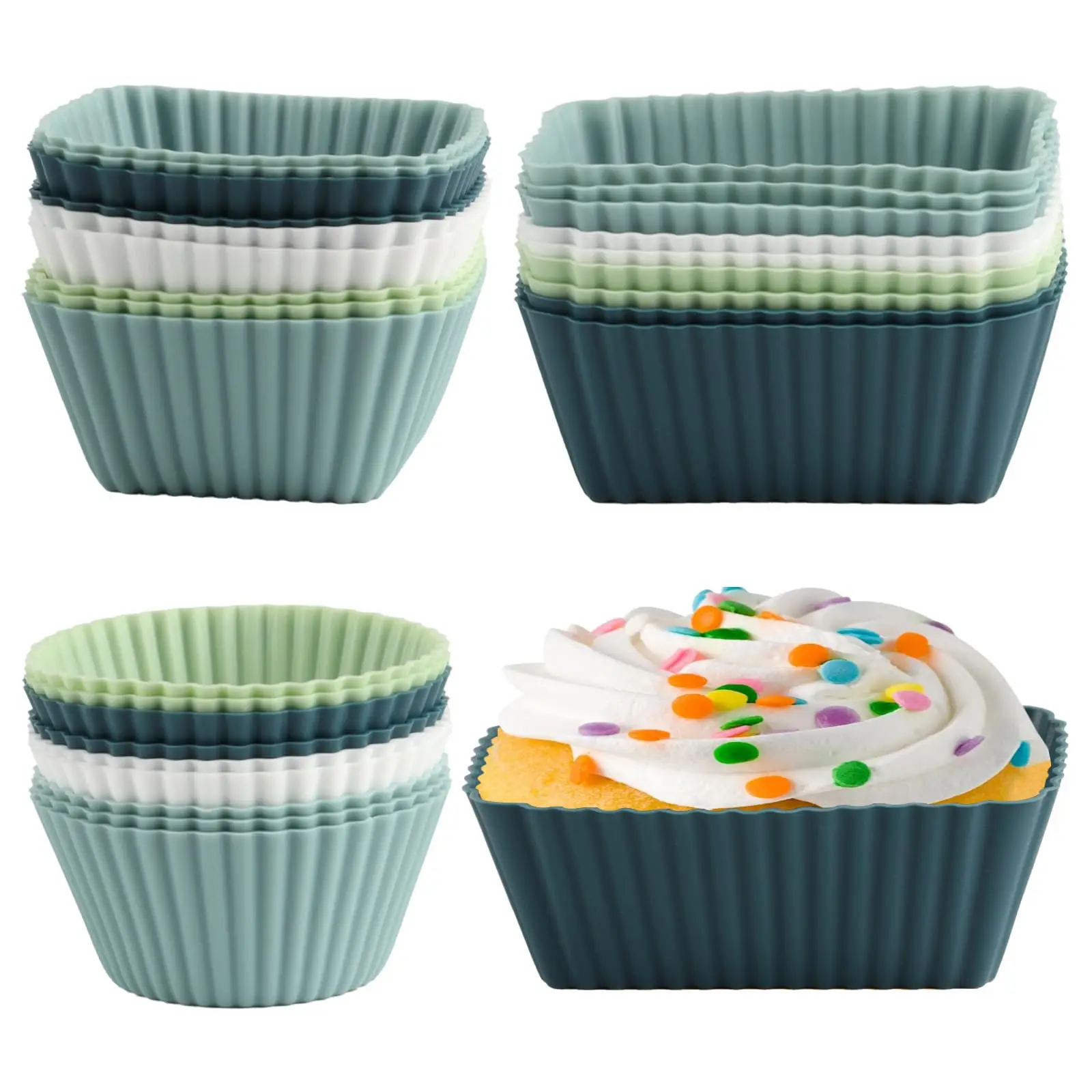 27pk de moules à muffins en silicone – Tasses de cuisson réutilisables en rectangle/carré/cercle