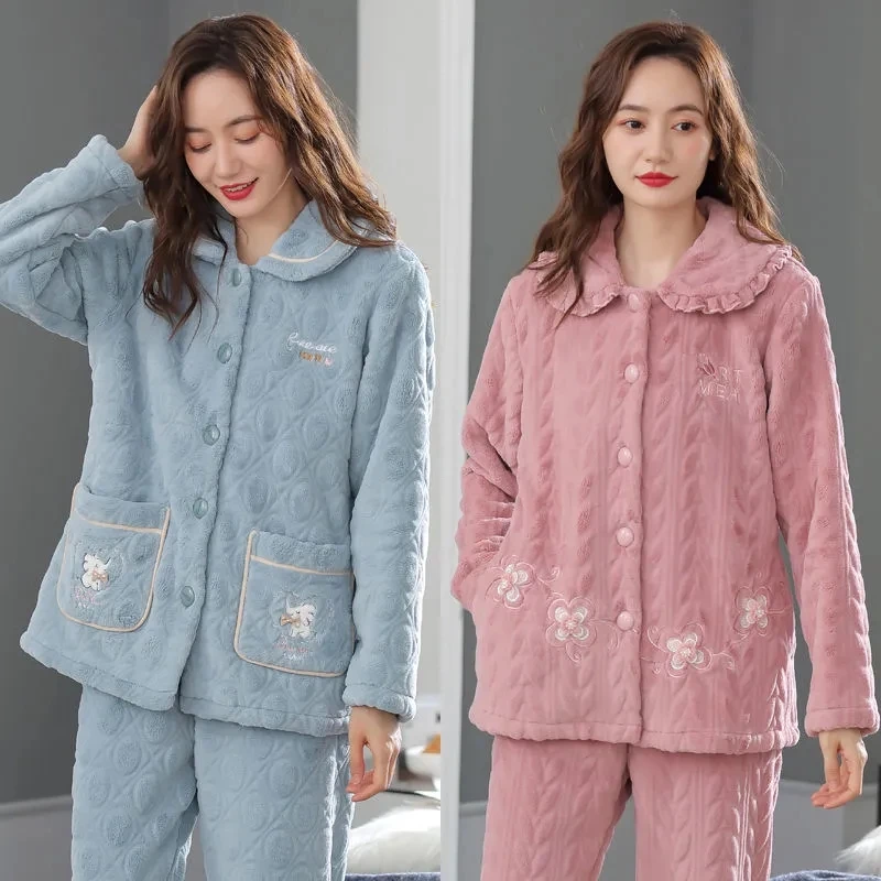 Two-piece coral Fleece Pajamas Women\'s 2022 Autumn Winter Loose Flannel Cardigan Homewear Warm Thicken Female Casual Pajamas Set