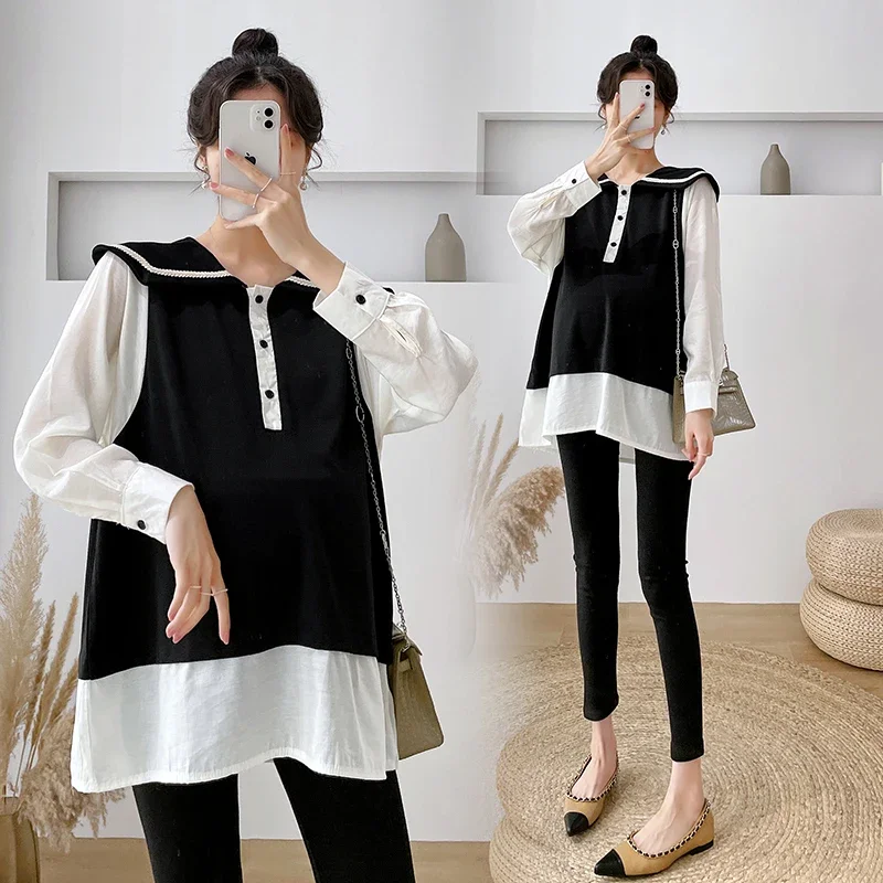 2024 Autumn Maternity Shirts Large Turn-down Collar Long Sleeve Half Button Fly Pregnant Woman Blouses Black White Patchwork Top