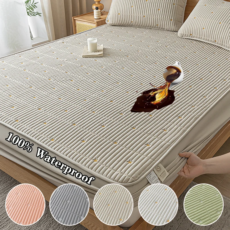 Ultrasonic Waterproof Mattress Protector Cover Embroidered Mattress Pad Bed Fitted Sheet with Elastic Band, With Deep Pocket New