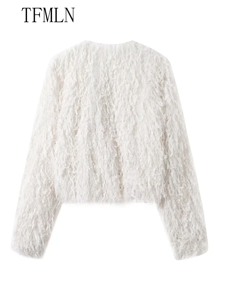 سترات نسائية فاخرة لخريف 2025 من الفرو الصناعي موضة أنيقة برقبة دائرية وأكمام طويلة ملابس خارجية قصيرة معاطف أنيقة للحفلات النسائية الصلبة #3