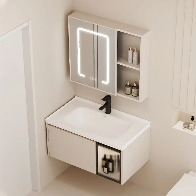 

Simple space cream modern bathroom cabinet combination household ceramic wash basin toilet integrated wash basin