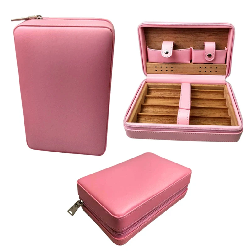 Pink cigar box built-in cedar wood humidor can hold 4pcs large 2.0-2.4 cigar leather wood cigar humidor for cigar accessories