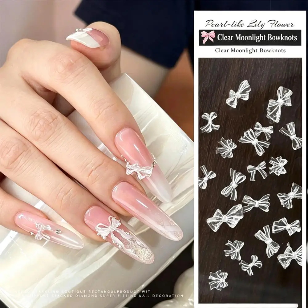 50Pcs 3D Translucent Moonlight Bow Nail Charms Cute Resin Bowknot Nails Art Decorations Flatback Ribbon Manicure Accessories ZCF