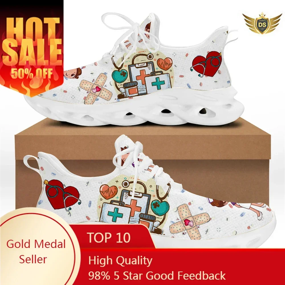 

Brand Design Women Sneakers White Nursing Shoes Cute Cartoon Nurse Doctor Medical Print Light Lace-up Flats Footwear