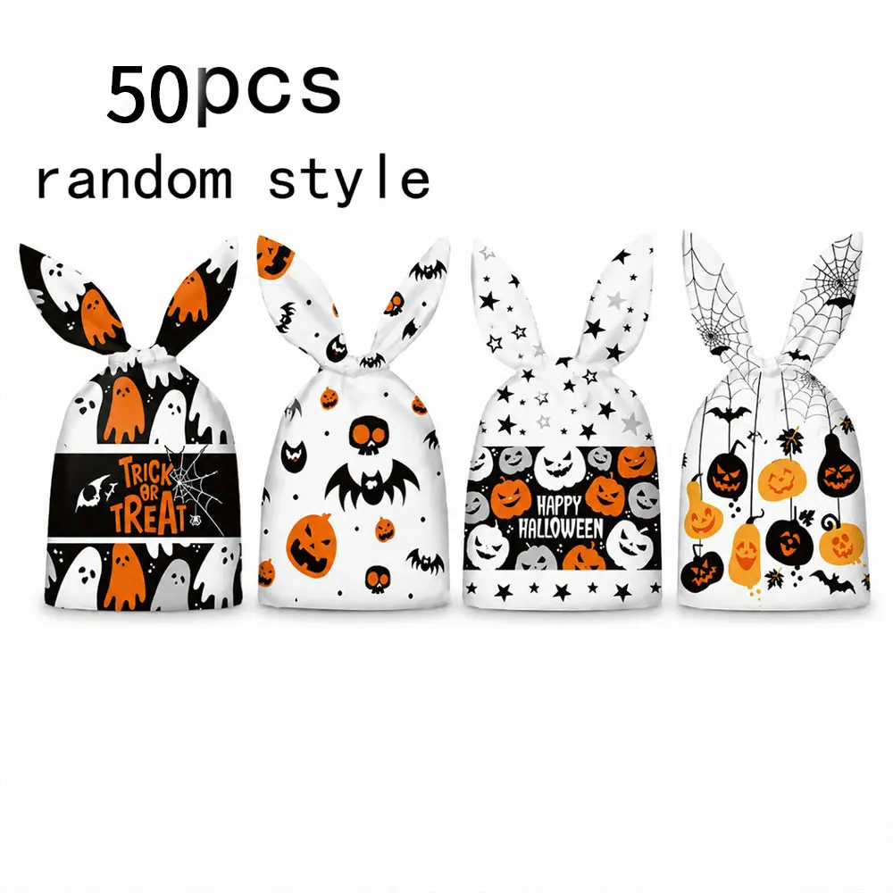50pcs Halloween Bunny Ear Candy Bags Ghost Pumpkin Print Trick Or Treat Goodie Pouch Kids Holiday Party Gift Wrapping Bags