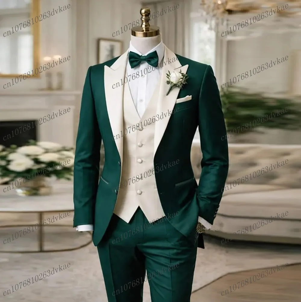 

Dark Green And Ivory Men Suit Wedding Party Formal Groom Groomsman Prom Business Male Tuxedos 3 Piece Set Jacket Vest Pants