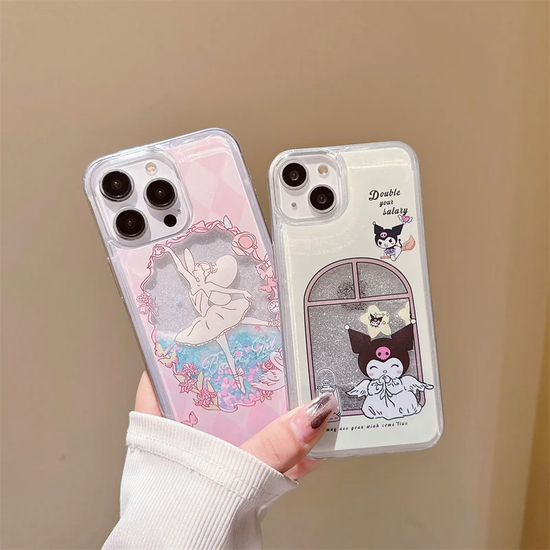 Sanrio Kuromi Rrincess Ballerina girl Quicksand Phone Case For Apple iPhone 15 14 13 12 11 Pro Max Cute Cartoon Anti-drop Cover