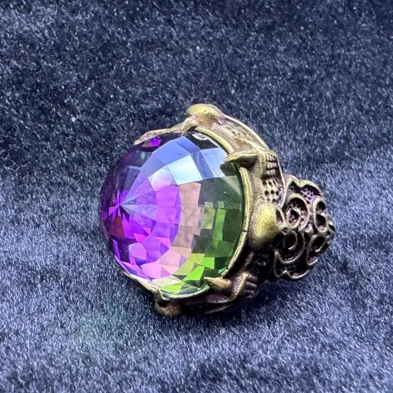 Antique Brass Tone Ring, Large Round Color Changing Created Gem, Gothic Claw Retro Statement Finger Jewelry