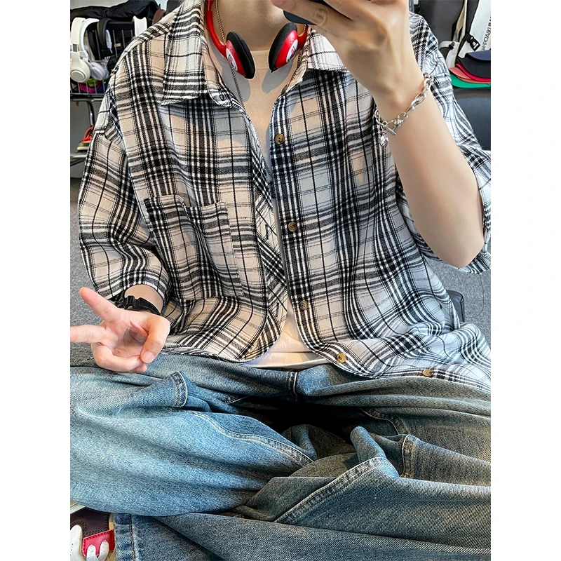 Plus Size 5XL-M Men Retro Plaid Shirts Korean Summer Fashion Loose Men's Casual Shirt Short Sleeve All Match Blouse Homme Sale