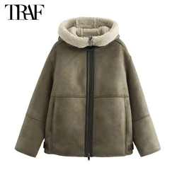 TRAF Double Face Hooded Jackets for Women Zip Padded Plush Jacket Women Outerwears Winter Coat Female Long Sleeve Women's Jacket