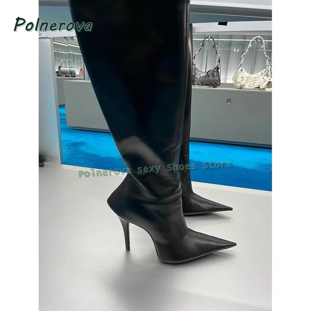 Shaped Heel Side Zip Fashion Boots Pointed Toe Stiletto Solid Sexy Women Knee High Boots 2025 Street Style Autumn Winter Trend