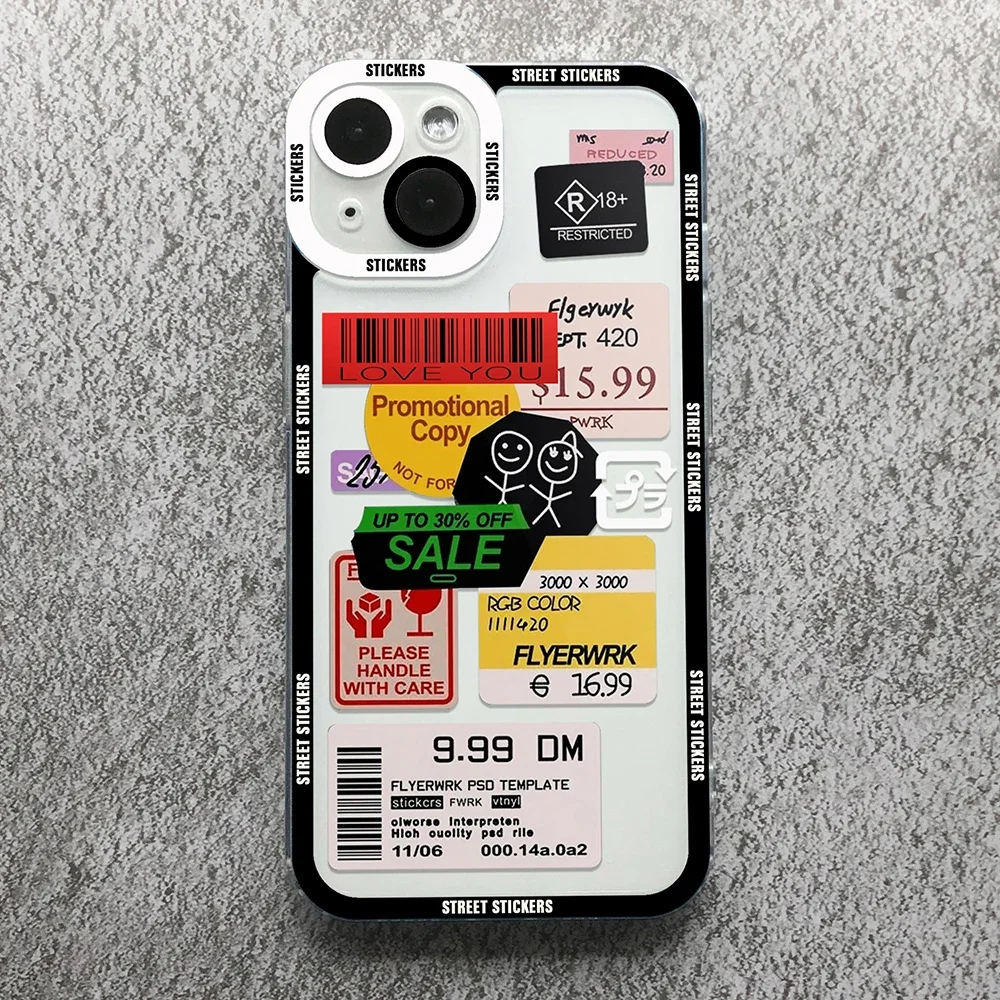 Funda de teléfono con pegatinas de moda urbana para iPhone 15 14 13 12 11 Mini Pro Max XS X XR SE 7 8 Plus, funda transparente