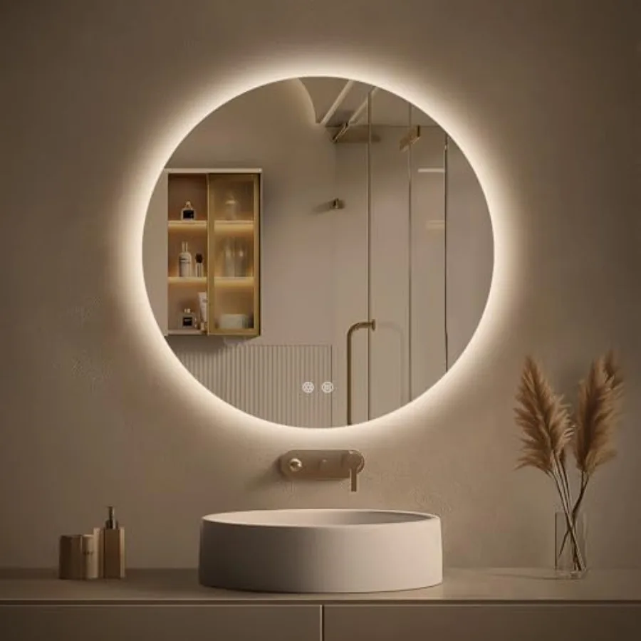 

24 Inch Round Backlit Bathroom Mirror with Lights, Circle LED Mirror for Bathroom, Fogless, Stepless Dimmable, 3 Color Changing