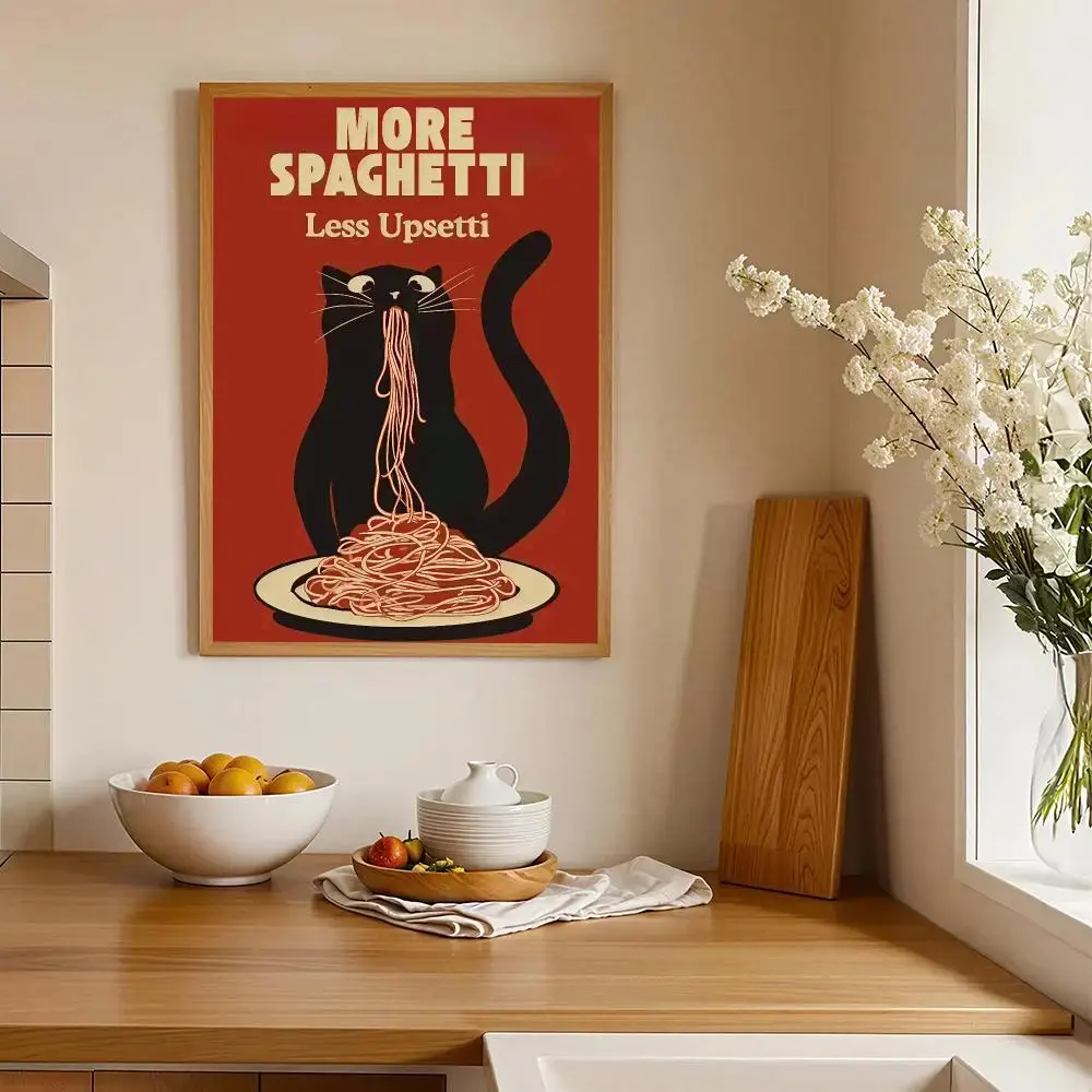 More Spaghetti Less Upsetti HD Wall Art Poster Black Cat Pasta Illustration Funny Kitchen Decor Retro Food Artwork Living Room
