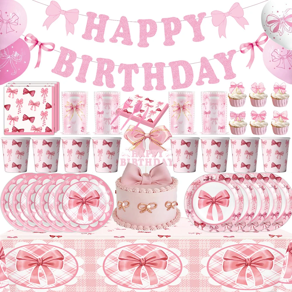 

Pink Bow Birthday Theme Disposable Tableware Paper Banner Banner Napkin Cup Cupcake Topper Girl Bow Etiquette Wedding Decoration