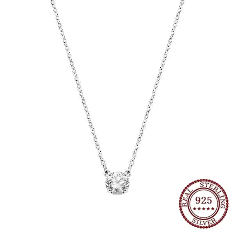 

S925 Sterling Silver Round Silver Four Claw Single Diamond Necklace for Women's Crystal Collarbone Chain