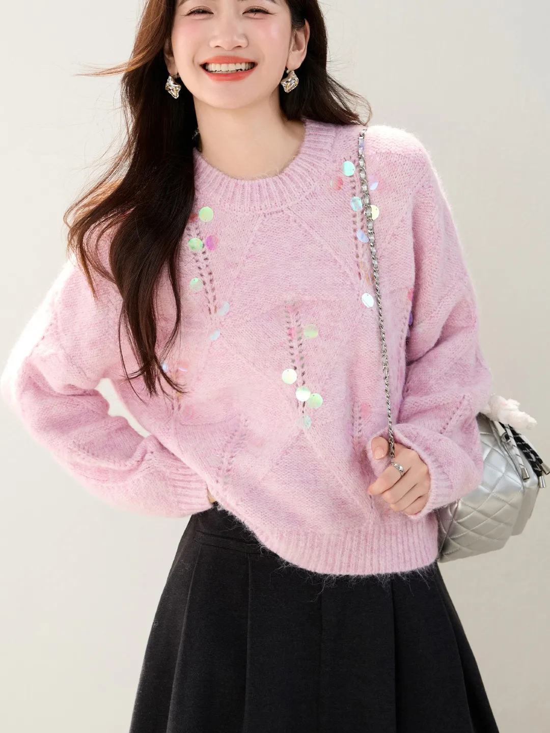 

Женский свитер с эффектом похудения, с пайетками, свободного кроя, повседневный, с круглым вырезом, модный, осенне-зимний, новинка