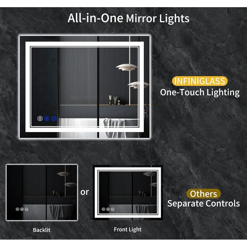 Miroir de salle de bain LED antibuée, 50x30, lumières à intensité variable en continu, 3 Modes de couleur, verre trempé incassable, fonction mémoire, Wat