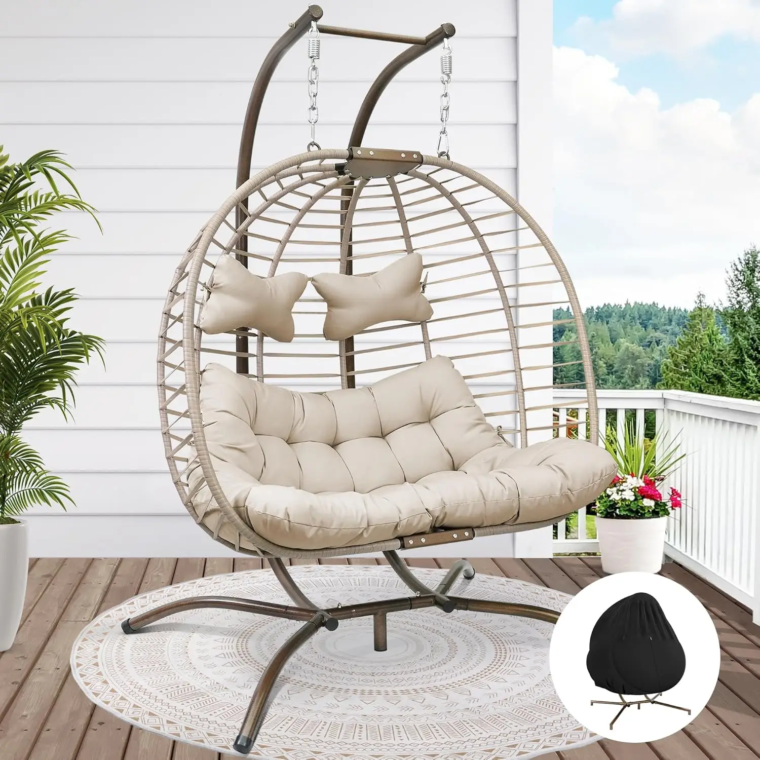 Fincati Indoor Outdoor Double Egg Chair,2 Person 680 Lbs Wicker Oversized Hanging Basket Chair With Cover,Rattan Swing Lounge