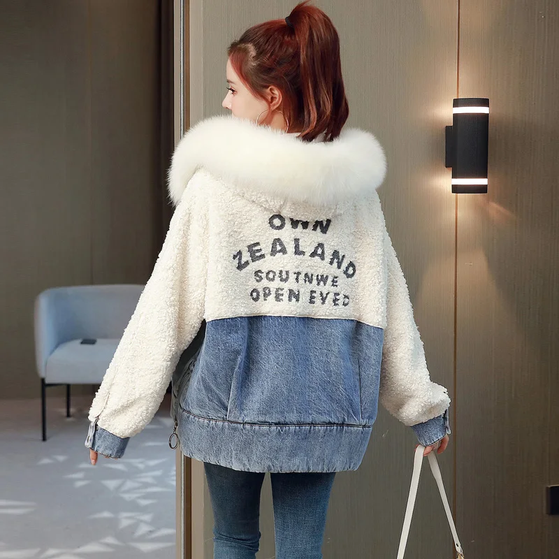 New Winter Parka Female Korean Loose Lamb Wool Plus Velvet Thicke Short Denim Jacket Outerwear Women lLetters Hooded Streetwear