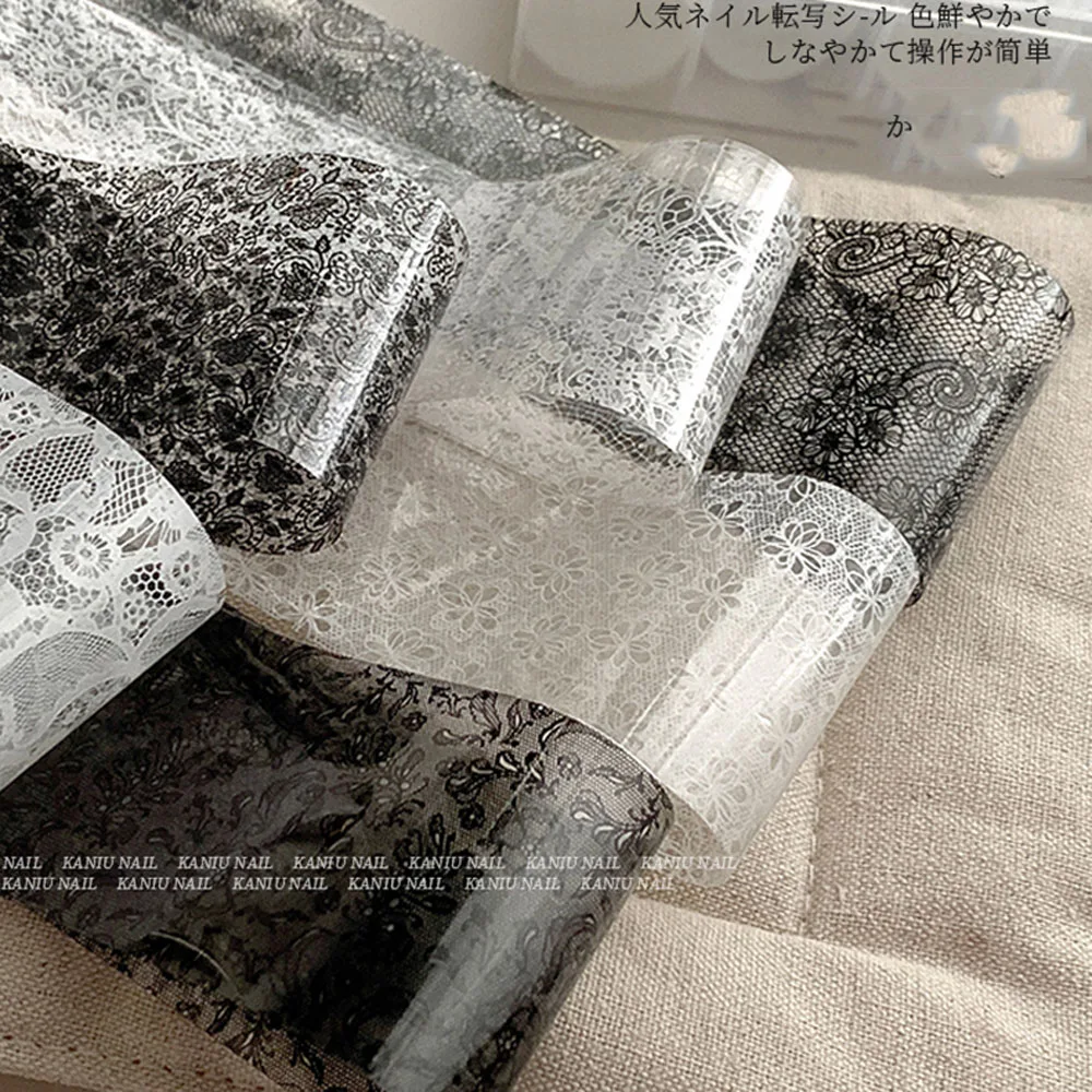 10 Rulo 4x50CM Siyah Beyaz Dantel Transfer Tırnak Çıkartması Seksi Çiçek Desenli Dantel Tırnak Sanatı Transfer Folyoları Kağıdı DIY Manikür Çıkartmaları için*@ #
