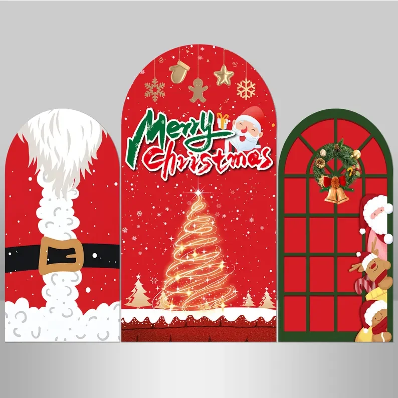Mehofond Merry Christmas 2-Sided Arch Cover Backdrop Winter Snow Santa Claus Xmas Trees Party Red Window Decor Photo Studio