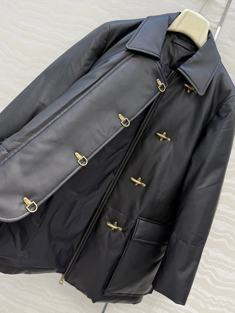 SVORYXIU خريف 2025 نمط جديد نمط الترفيه صف واحد مشبك جلد طبيعي سترة جلدية امرأة موضة الأسود إبقاء معطف دافئ #2