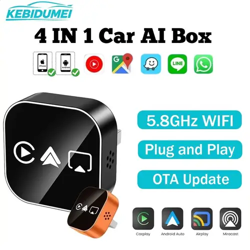 Imagen 1 del producto Caja Inteligente 4 en 1 para Auto con Conexión por Cable a WiFi, Carplay Inalámbrico, Adaptador Android Auto Plug & Play, Airplay, Miracast, Dongle Inteligente, Accesorios para Auto