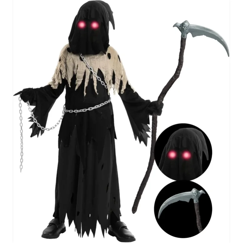 Sloosh Creations Kinder Unisex Leuchtende Augen Reaper Kostüm für Gruseliges Phantom Halloween-Kostüm