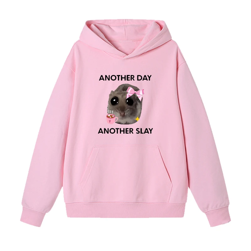 ANOTHER DAY ANOTHER SLAY Funny hamster Meme printed Hoodie Men women Harajuku fashion Fleece pullover Long sleeve streetwear