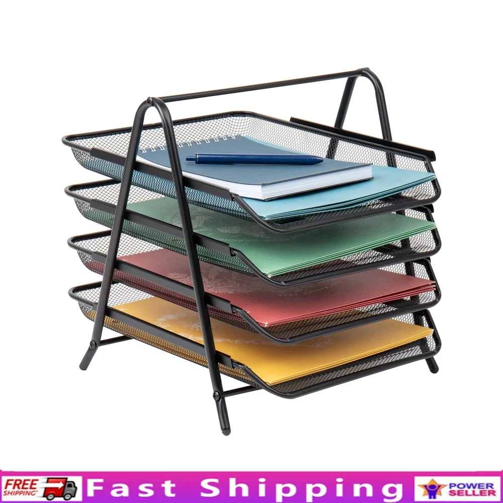 

4-уровневый металлический лоток для бумаги, настольный органайзер, компактный дизайн, офис, дом, школа, простая сборка, нескользящие резиновые ножки, портативный