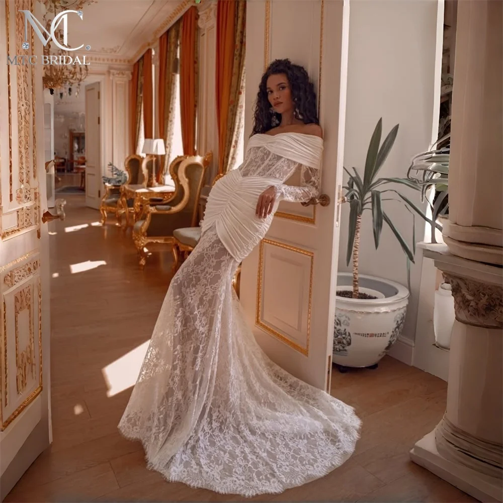 Stunning Mermaid Lace Wedding Dress Off The Shoulder Full Sleeves Chic Pleated Satin Bridal Gowns For Wedding Custom Made
