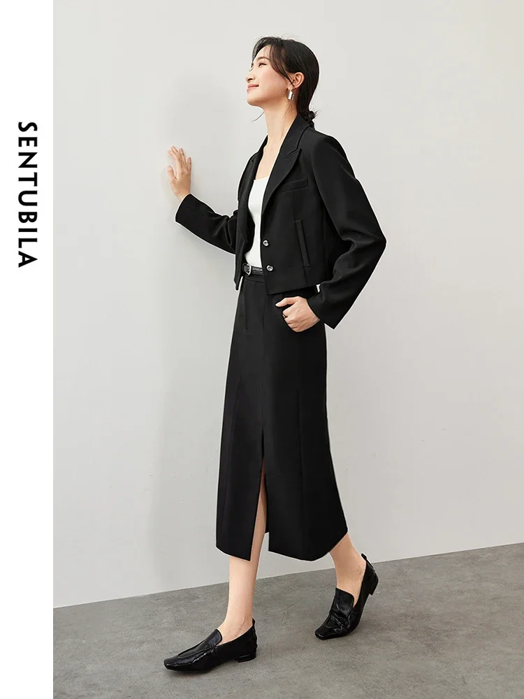 SENTUBILA 2 Piece Skirt Sets Women 2024 Autumn Straight Slit-hem Skirt Office Lady Work Business Shoulder Pad Blazer 143Z56481