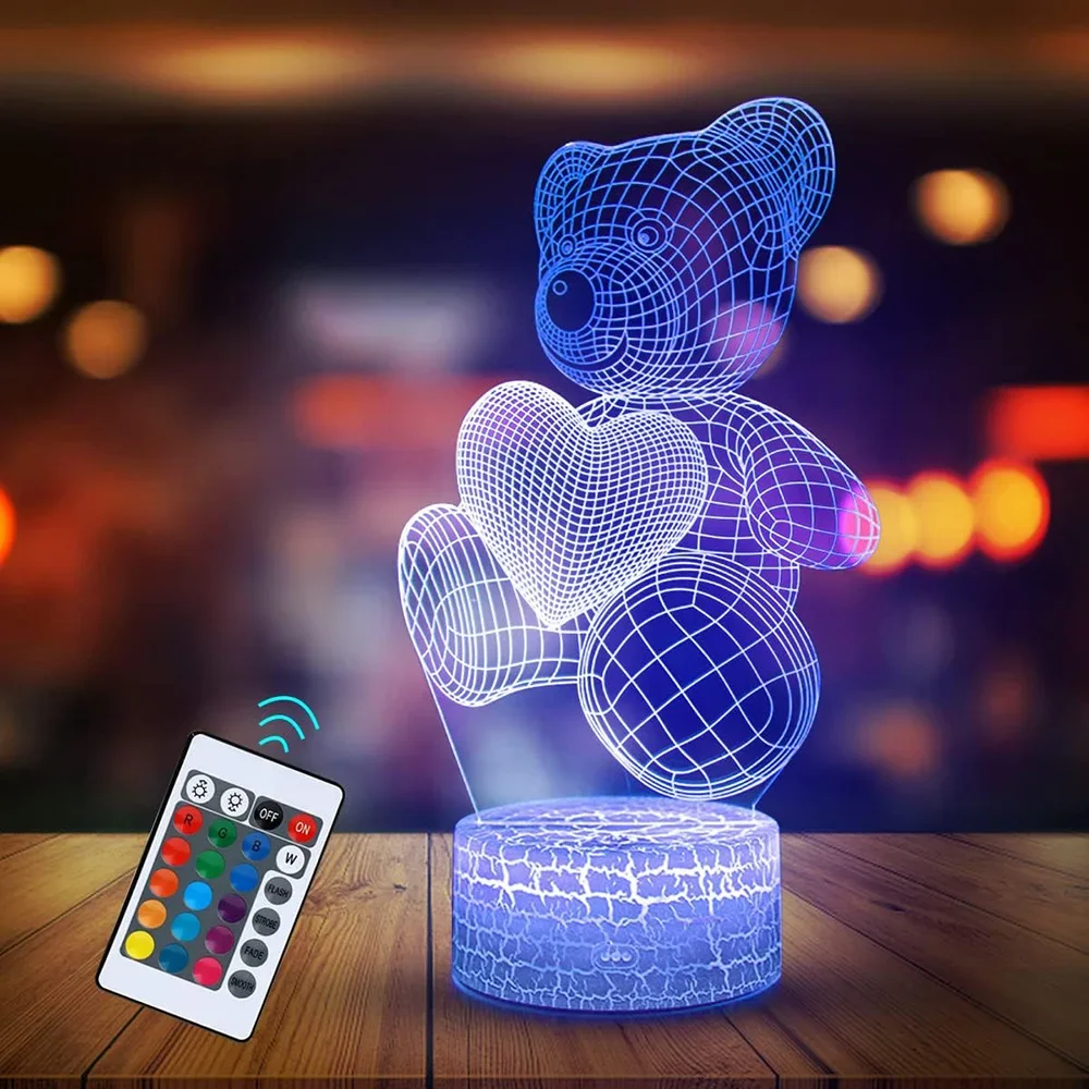 16 Colors Night Light 3D Illusion Teddy Bear Children's LED Light Romantic Color Changing light  Valentine's Christmas Day Gift